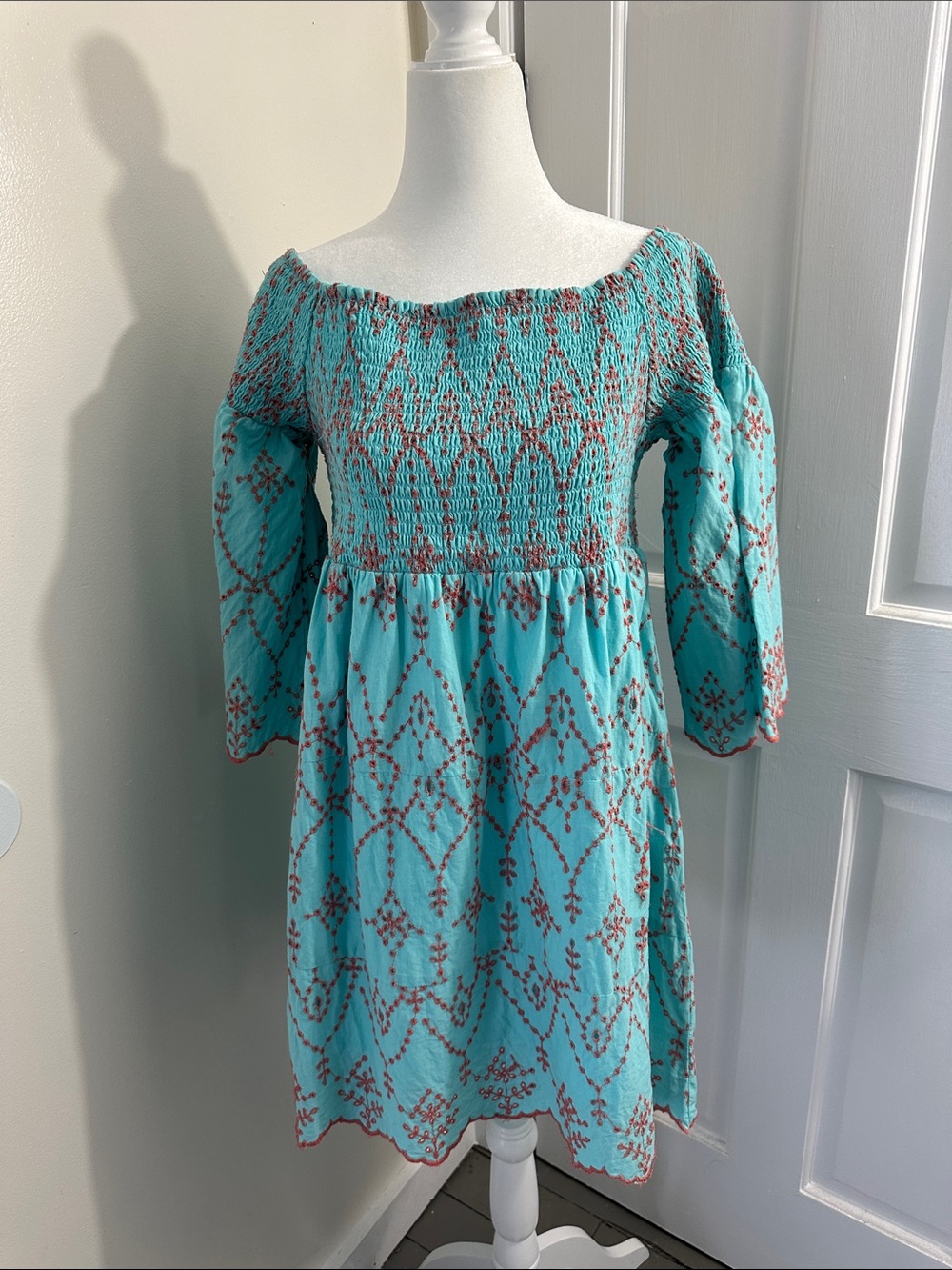 Smocked On or Off-Shoulder Turquoise Mini Dress with Burnt Orange Embroidery